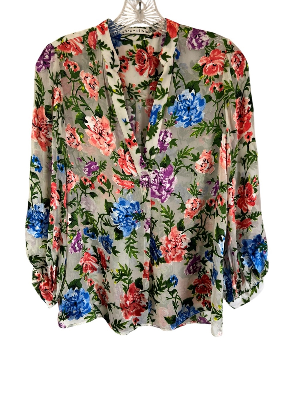 Alice + Olivia Sheila Blouson Sleeve Top Multicolor Floral Silk Blend Size XS